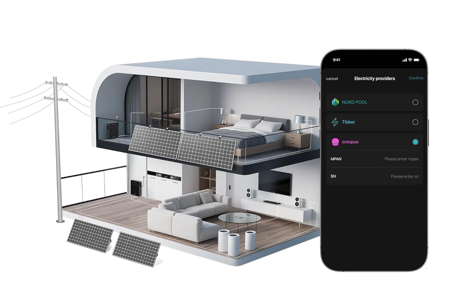 Home energy storage illustration with solar panels, household loads and tariff app