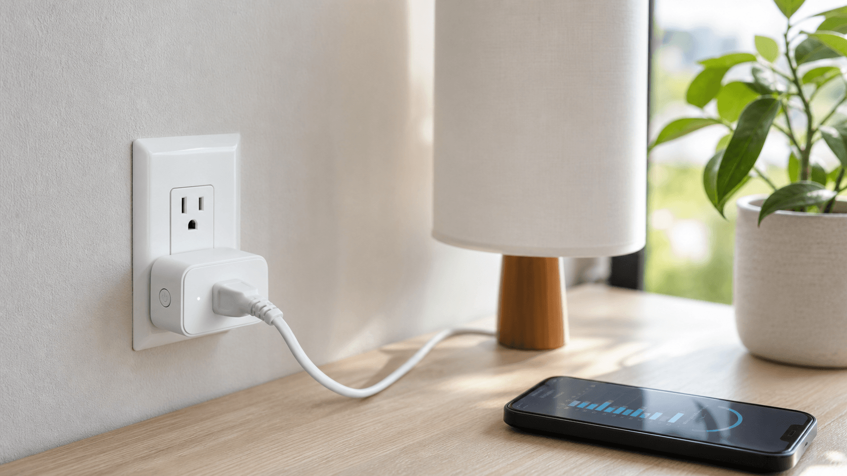 Smart plug with energy monitoring connected to a lamp