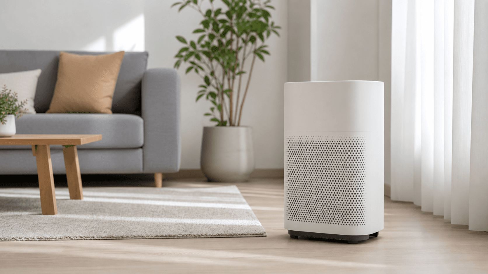 Purificateur d'air blanc dans un salon moderne lumineux