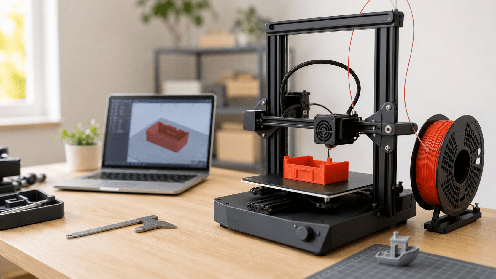 Affordable FDM 3D printer printing on a clean home maker desk