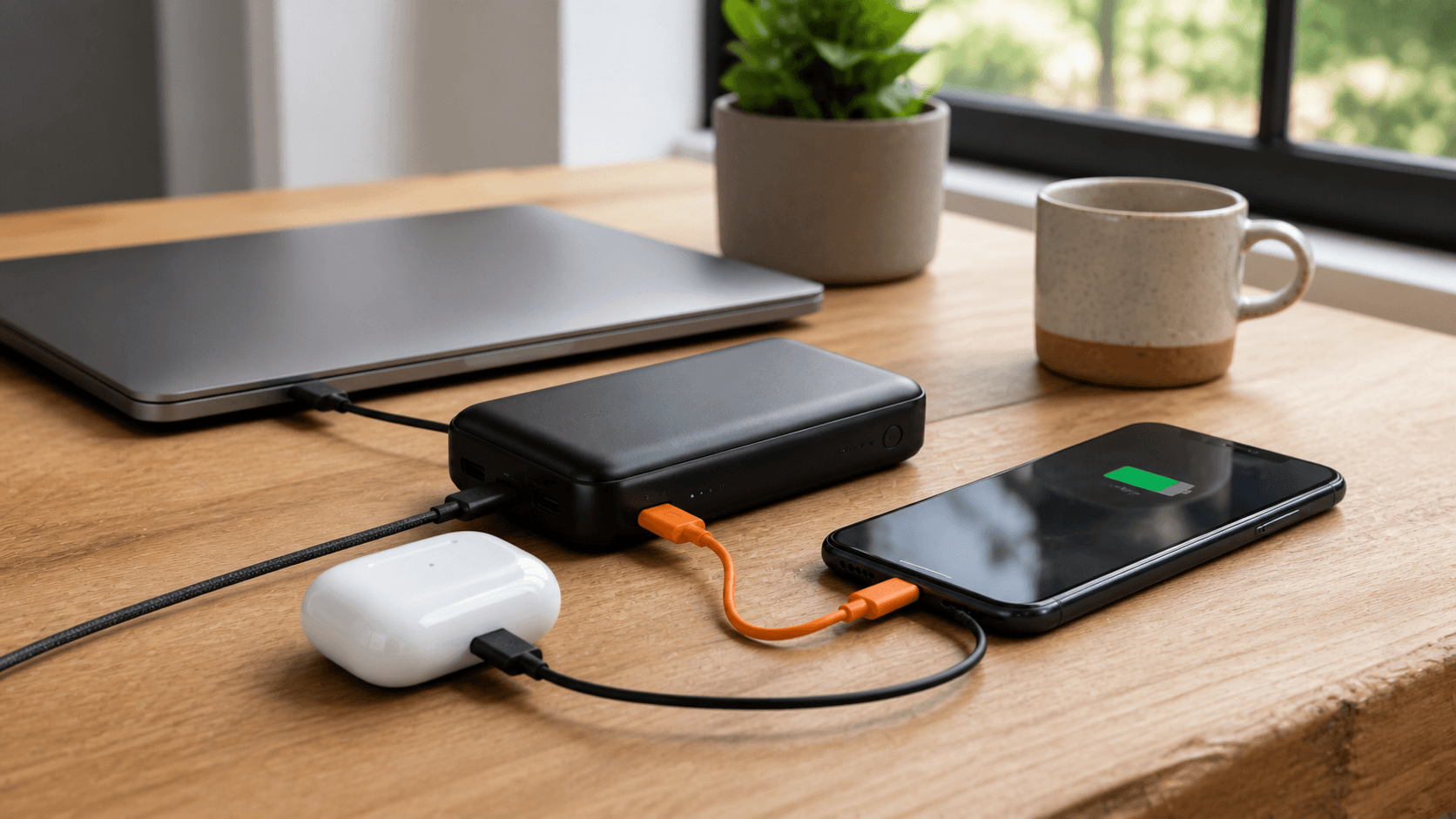 Batterie externe qui recharge un smartphone sur une table en bois