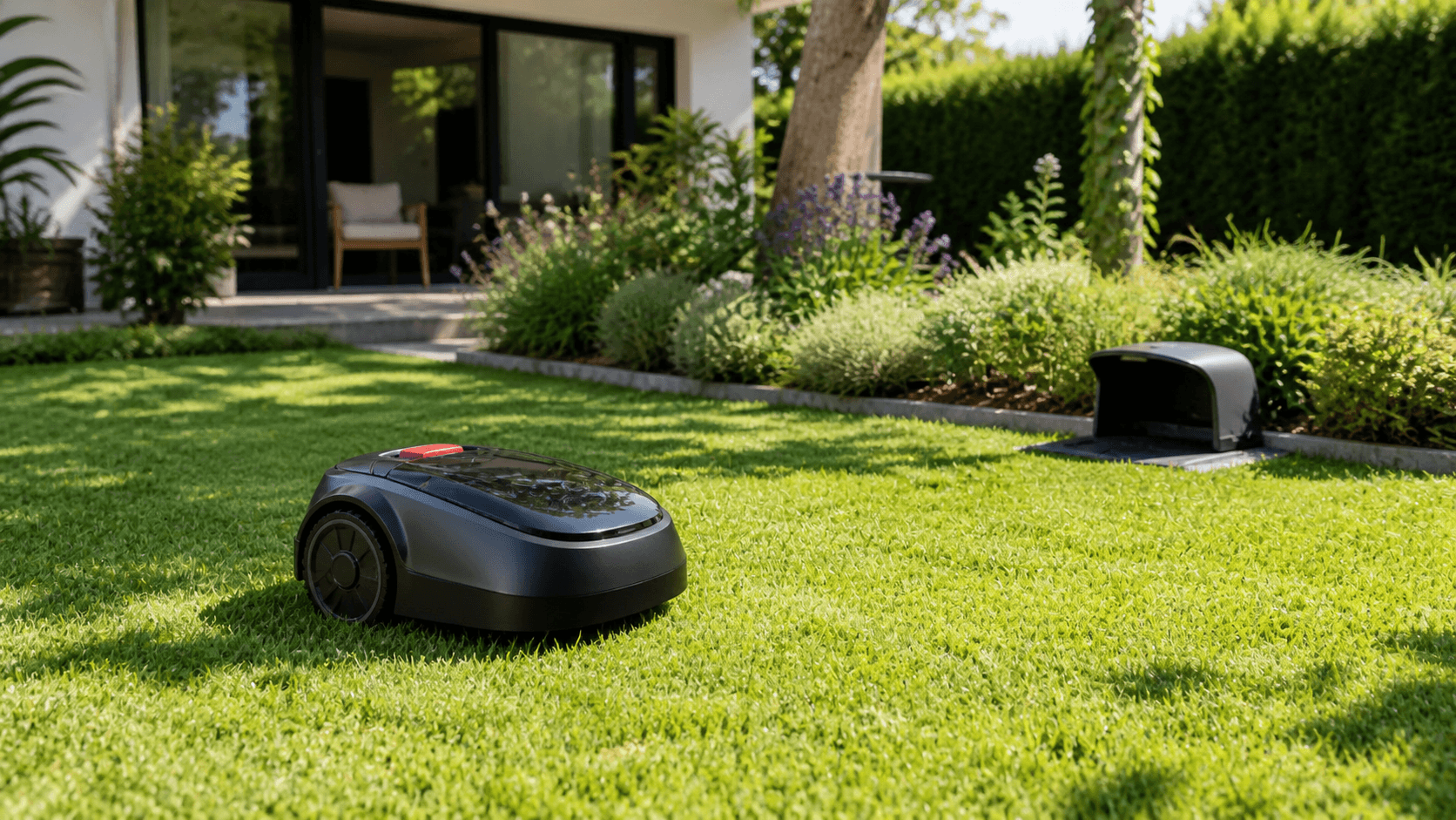Tondeuse robot qui coupe l'herbe dans un jardin