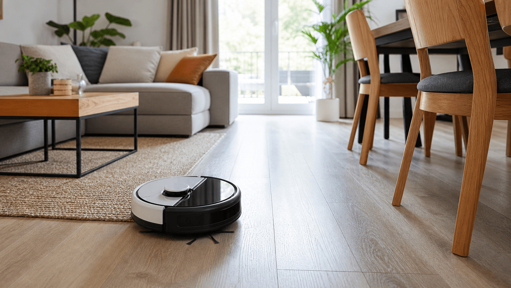 Aspirateur robot nettoyant le sol d'un salon moderne