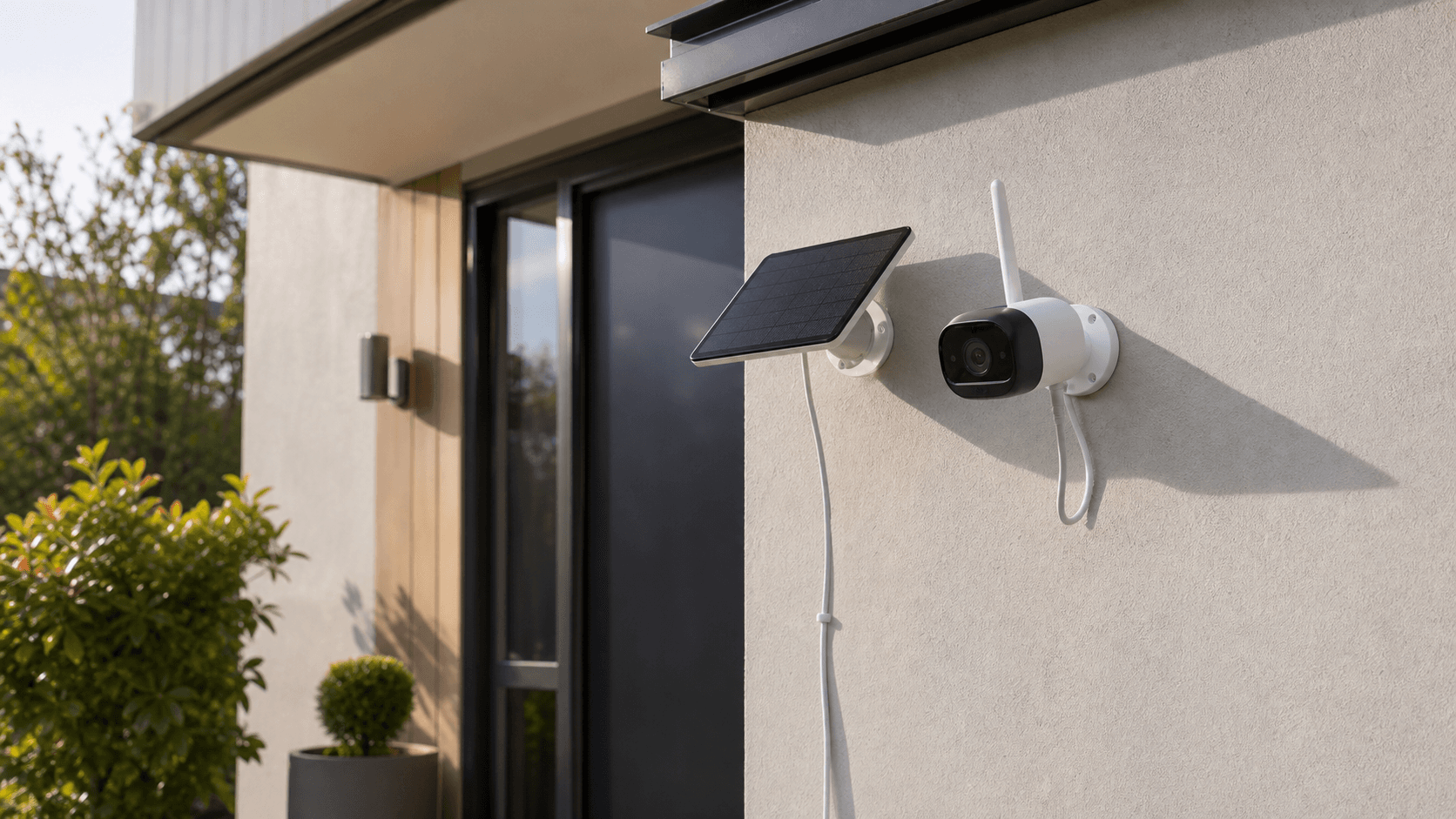 Camera de surveillance solaire exterieure installee pres d'une entree de maison